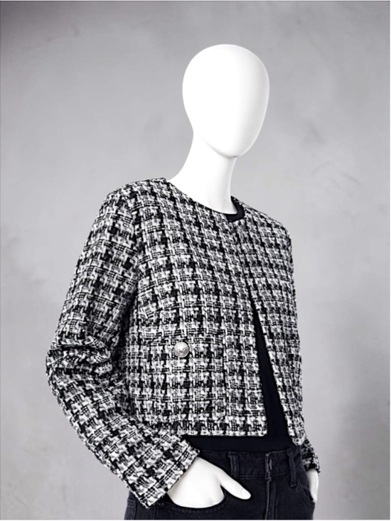 H&M Jackets & Blazers - H&M Black & White Plaid Bouclé Jacket – Size M | Silver Button Detail
